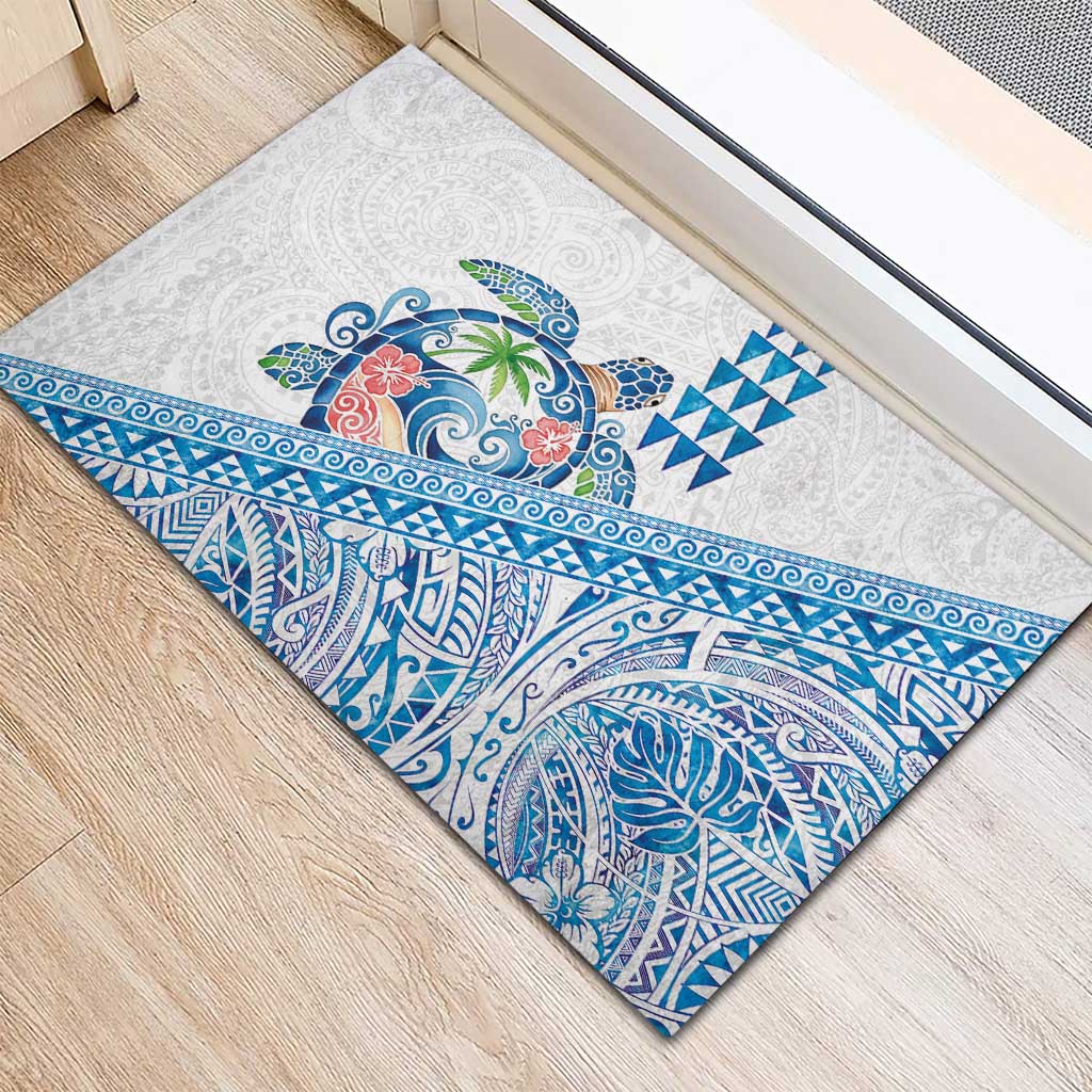 Hawaiian Abstract Sea Turtle Rubber Doormat Polynesian Tapa Art and Kakau Tattoo White WaterColor LT03 - Polynesian Pride