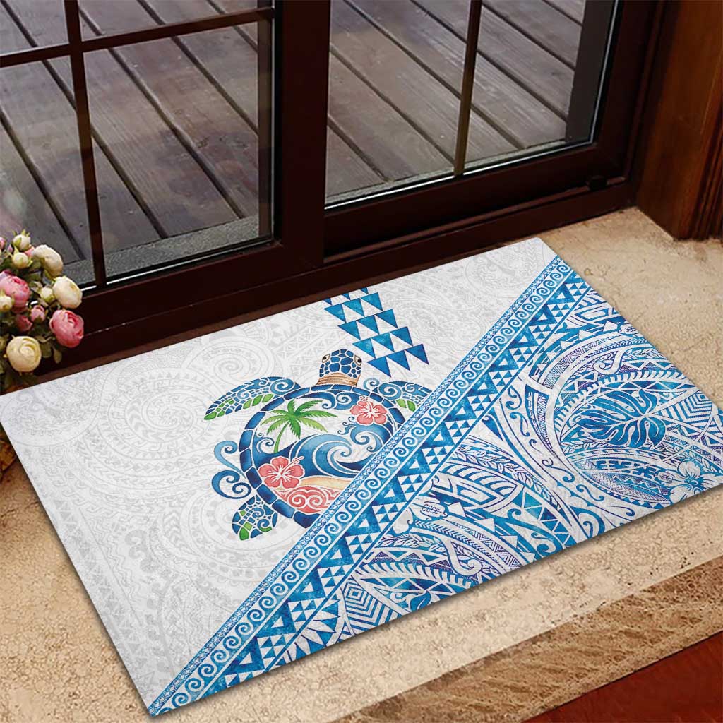 Hawaiian Abstract Sea Turtle Rubber Doormat Polynesian Tapa Art and Kakau Tattoo White WaterColor LT03 - Polynesian Pride
