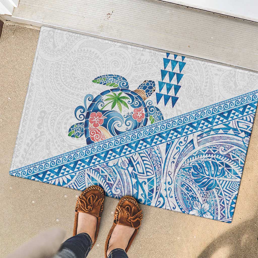 Hawaiian Abstract Sea Turtle Rubber Doormat Polynesian Tapa Art and Kakau Tattoo White WaterColor LT03 - Polynesian Pride
