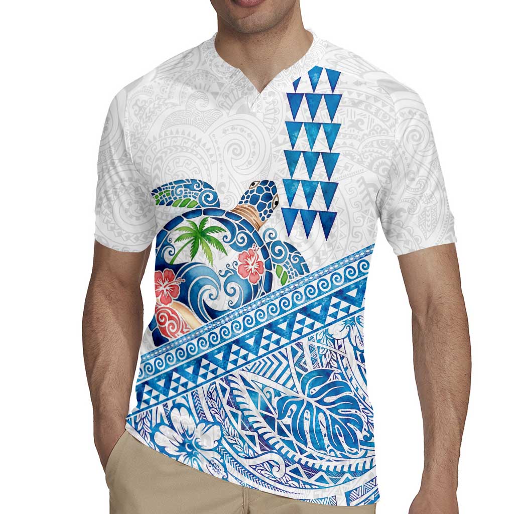 Hawaiian Abstract Sea Turtle Rugby Jersey Polynesian Tapa Art and Kakau Tattoo White WaterColor LT03 - Polynesian Pride