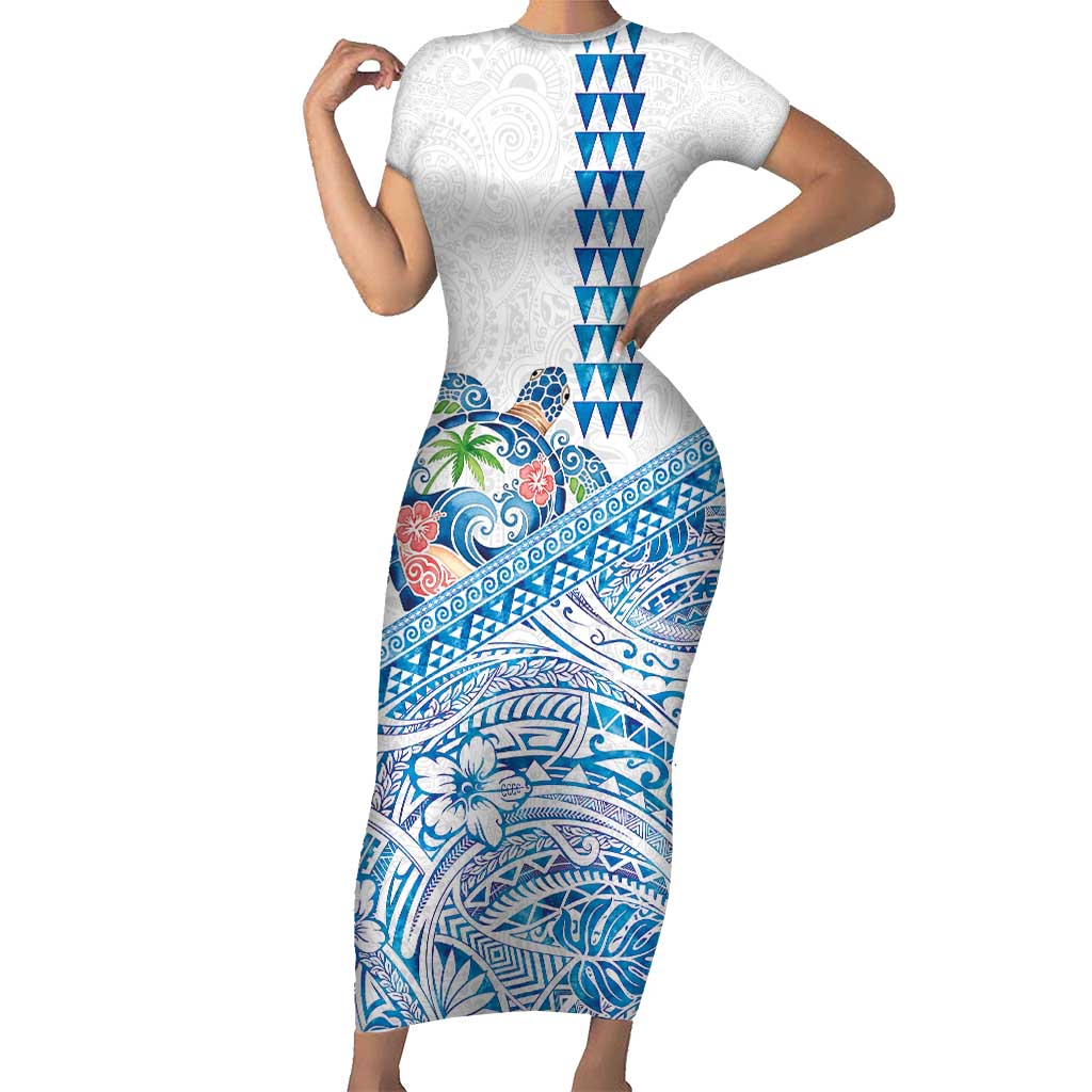 Hawaiian Abstract Sea Turtle Short Sleeve Bodycon Dress Polynesian Tapa Art and Kakau Tattoo White WaterColor LT03 Long Dress White - Polynesian Pride