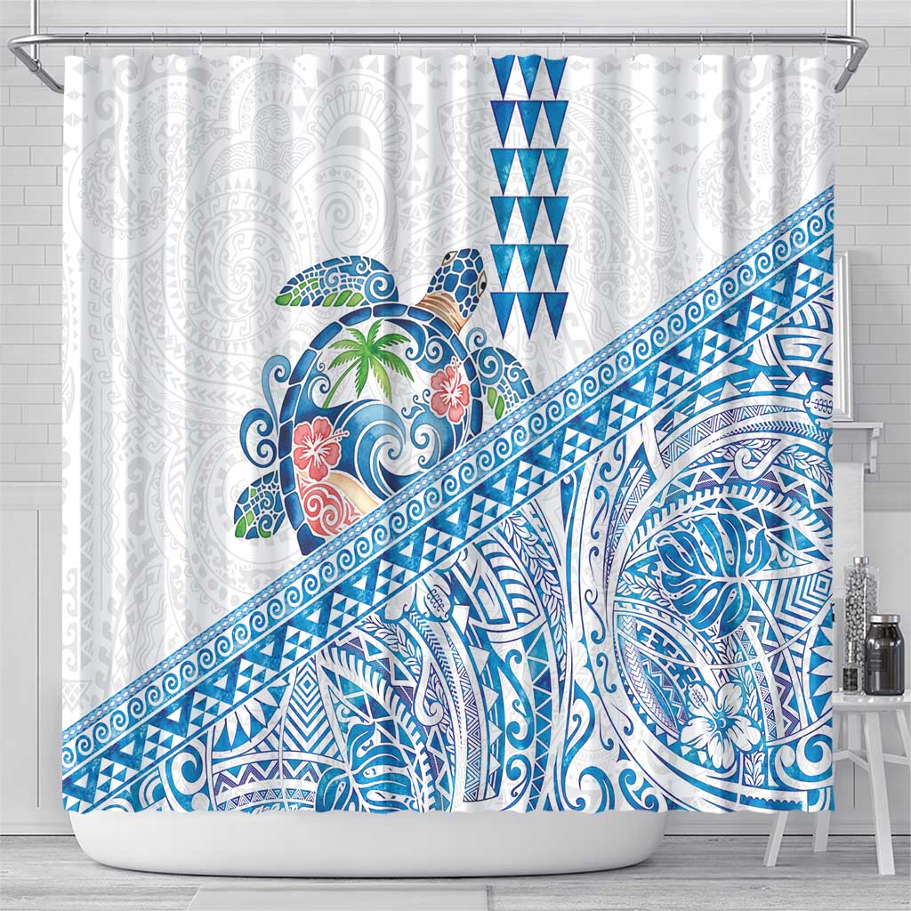 Hawaiian Abstract Sea Turtle Shower Curtain Polynesian Tapa Art and Kakau Tattoo White WaterColor LT03 - Polynesian Pride