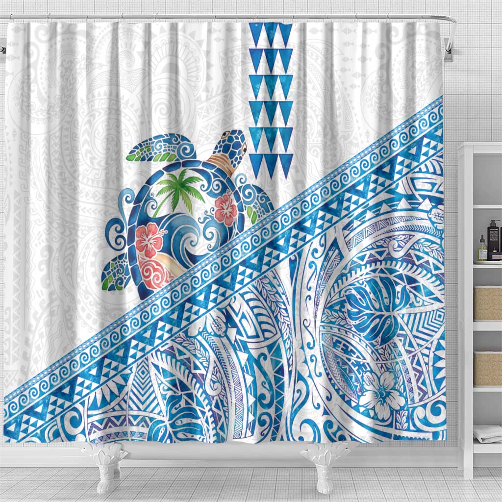 Hawaiian Abstract Sea Turtle Shower Curtain Polynesian Tapa Art and Kakau Tattoo White WaterColor LT03 - Polynesian Pride