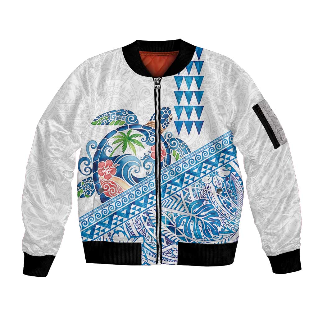 Hawaiian Abstract Sea Turtle Sleeve Zip Bomber Jacket Polynesian Tapa Art and Kakau Tattoo White WaterColor LT03 Unisex White - Polynesian Pride
