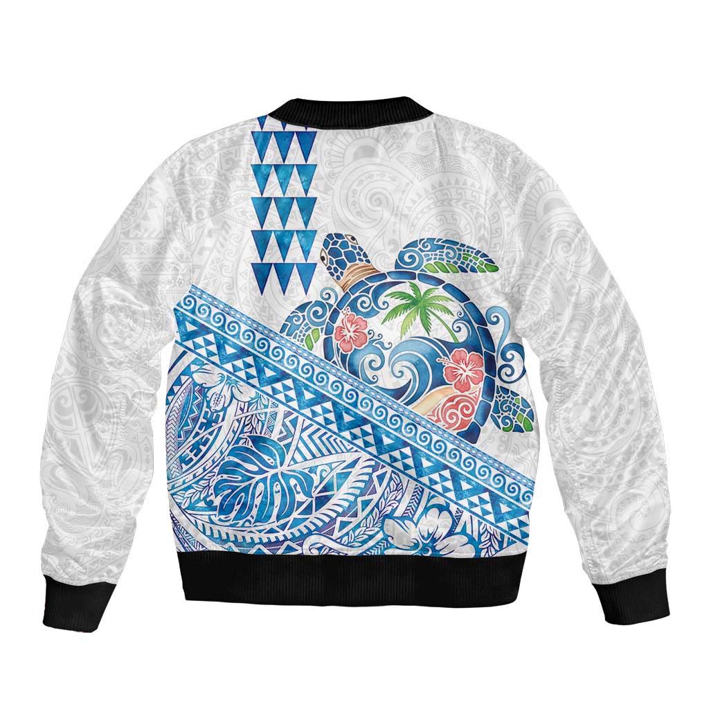 Hawaiian Abstract Sea Turtle Sleeve Zip Bomber Jacket Polynesian Tapa Art and Kakau Tattoo White WaterColor LT03 - Polynesian Pride