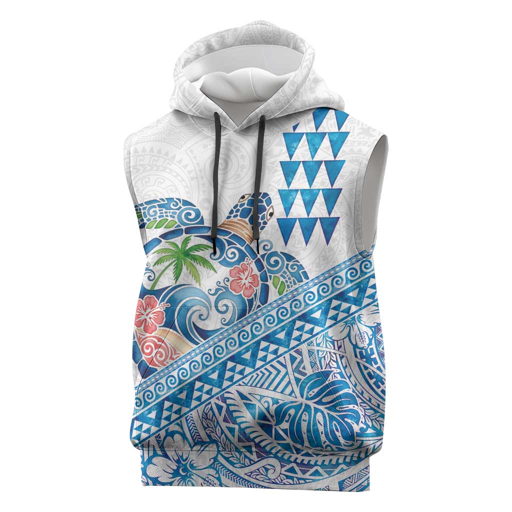 Hawaiian Abstract Sea Turtle Sleeveless Hoodie Polynesian Tapa Art and Kakau Tattoo White WaterColor LT03 White - Polynesian Pride