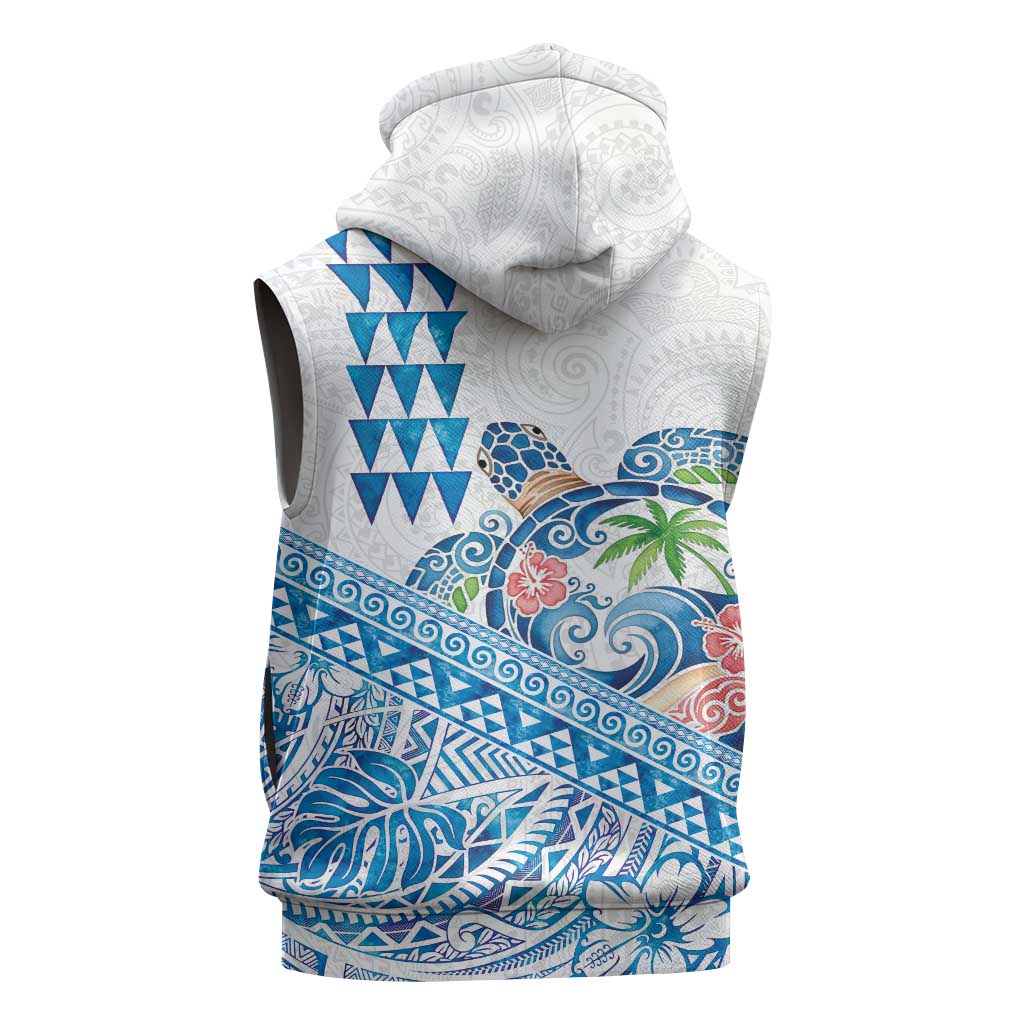 Hawaiian Abstract Sea Turtle Sleeveless Hoodie Polynesian Tapa Art and Kakau Tattoo White WaterColor LT03 - Polynesian Pride