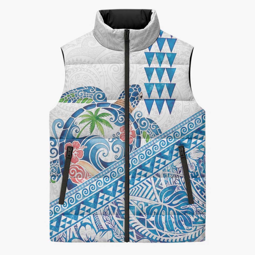 Hawaiian Abstract Sea Turtle Sleeveless Puffer Jacket Polynesian Tapa Art and Kakau Tattoo White WaterColor LT03 Unisex White - Polynesian Pride
