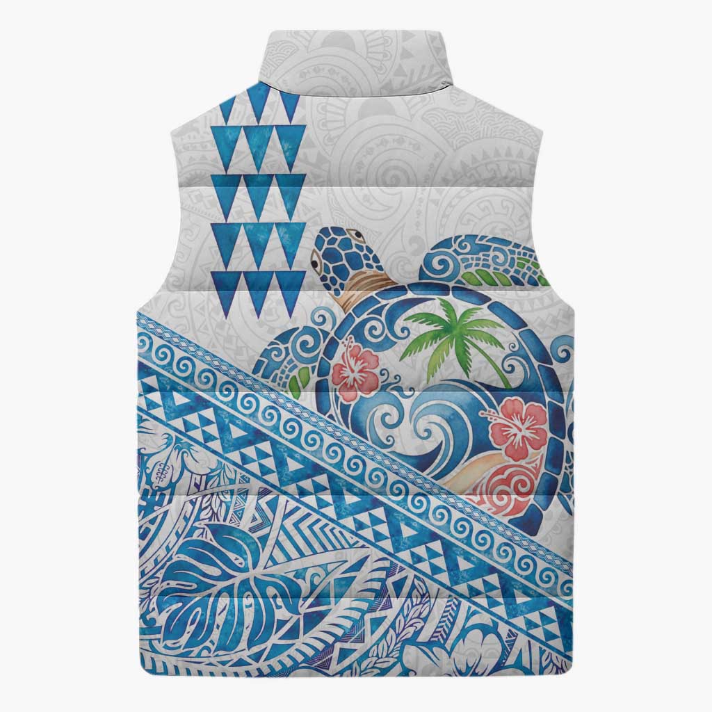 Hawaiian Abstract Sea Turtle Sleeveless Puffer Jacket Polynesian Tapa Art and Kakau Tattoo White WaterColor LT03 - Polynesian Pride