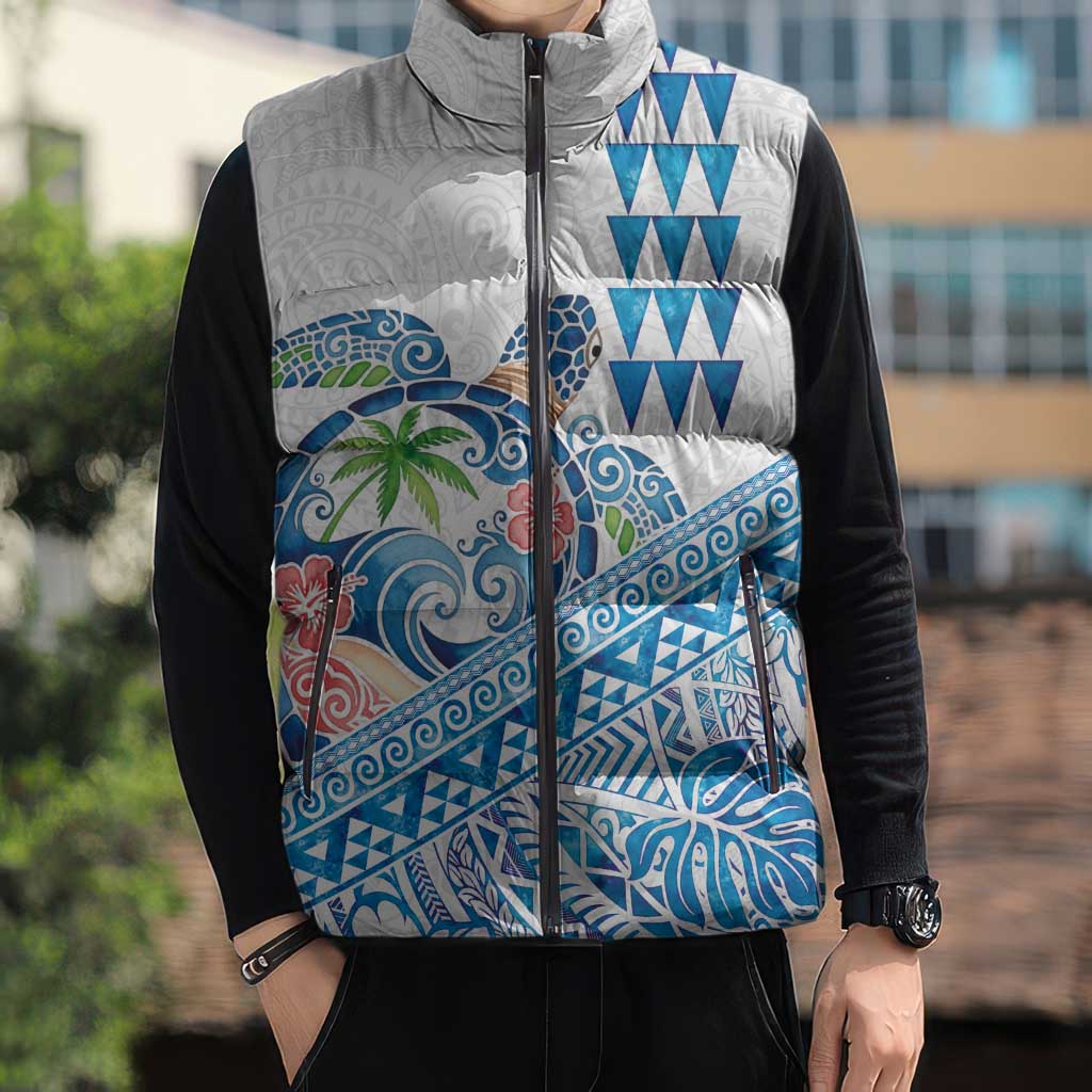 Hawaiian Abstract Sea Turtle Sleeveless Puffer Jacket Polynesian Tapa Art and Kakau Tattoo White WaterColor LT03 - Polynesian Pride