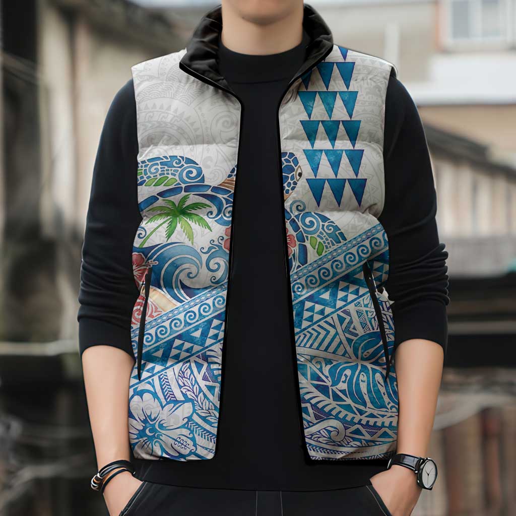 Hawaiian Abstract Sea Turtle Sleeveless Puffer Jacket Polynesian Tapa Art and Kakau Tattoo White WaterColor LT03 - Polynesian Pride
