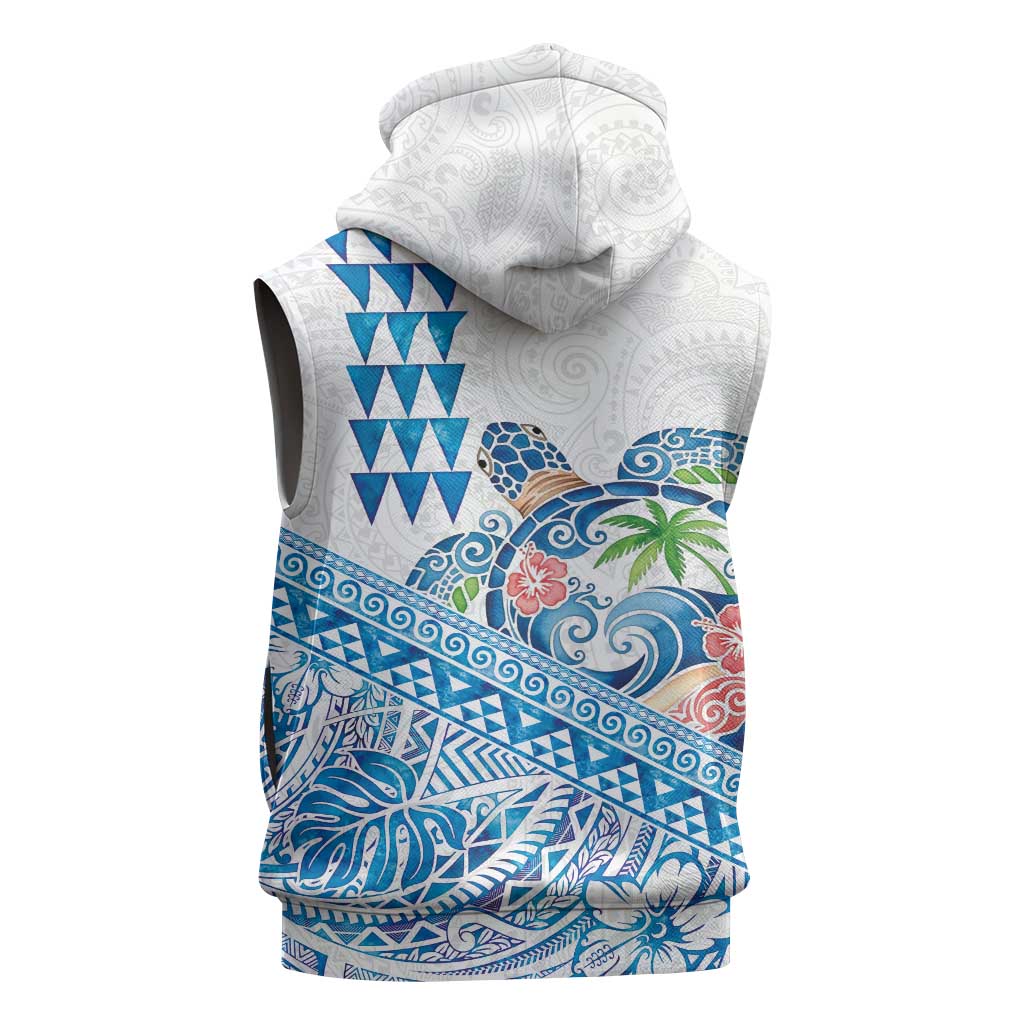 Hawaiian Abstract Sea Turtle Sleeveless Zip Hoodie Polynesian Tapa Art and Kakau Tattoo White WaterColor LT03 - Polynesian Pride