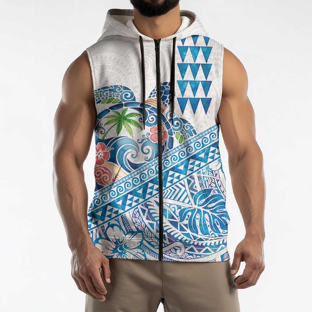 Hawaiian Abstract Sea Turtle Sleeveless Zip Hoodie Polynesian Tapa Art and Kakau Tattoo White WaterColor LT03 - Polynesian Pride