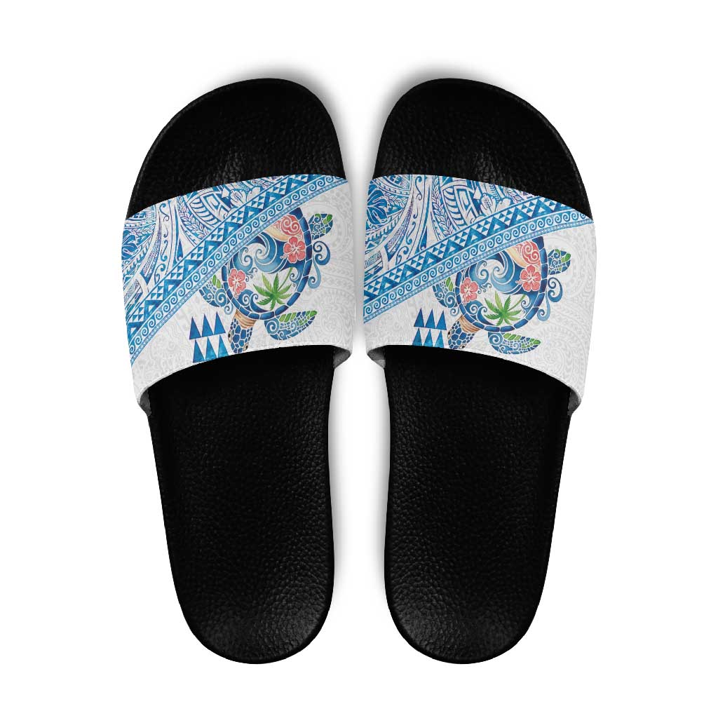 Hawaiian Abstract Sea Turtle Slide Sandals Polynesian Tapa Art and Kakau Tattoo White WaterColor LT03 White - Polynesian Pride