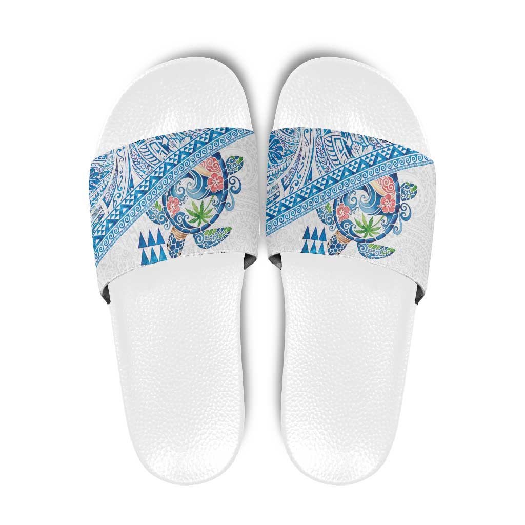 Hawaiian Abstract Sea Turtle Slide Sandals Polynesian Tapa Art and Kakau Tattoo White WaterColor LT03 White - Polynesian Pride