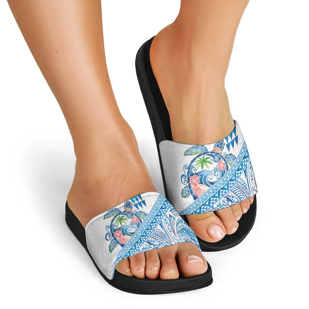 Hawaiian Abstract Sea Turtle Slide Sandals Polynesian Tapa Art and Kakau Tattoo White WaterColor LT03 - Polynesian Pride