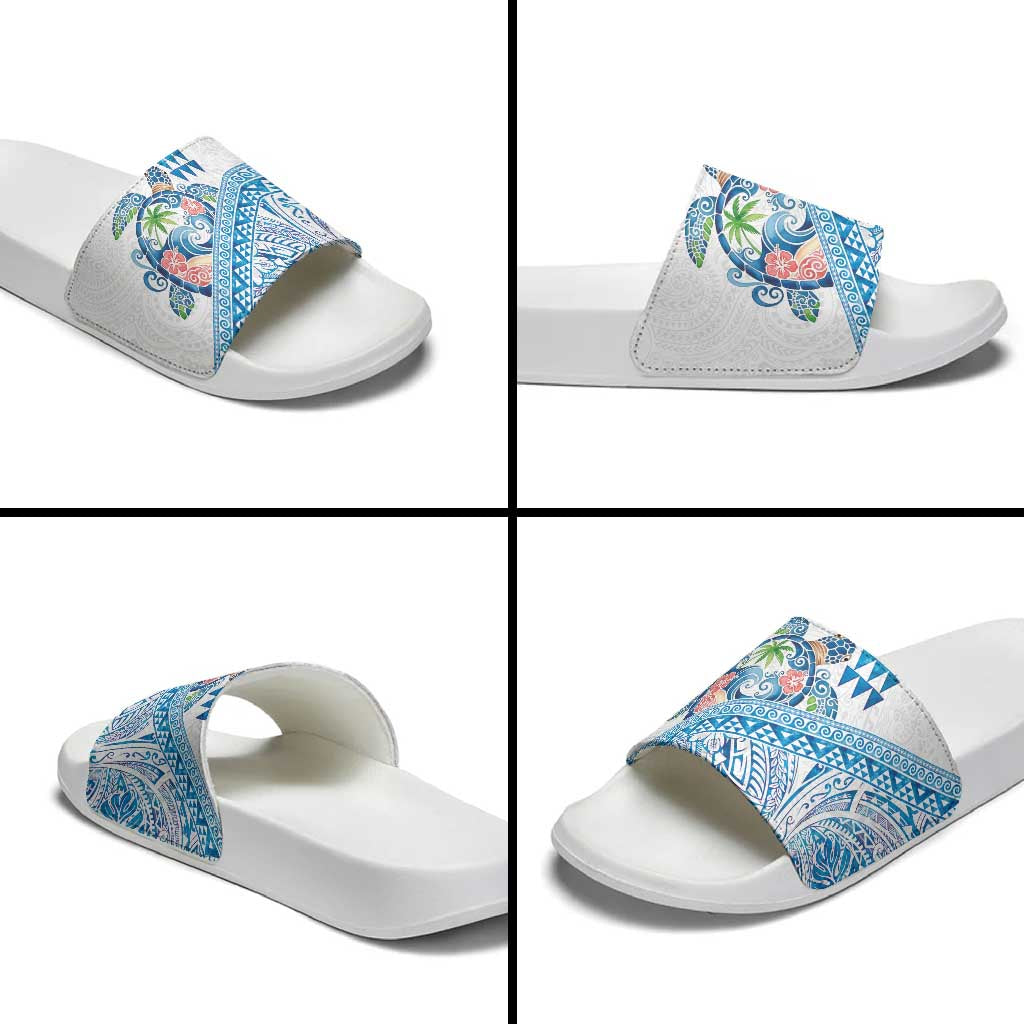 Hawaiian Abstract Sea Turtle Slide Sandals Polynesian Tapa Art and Kakau Tattoo White WaterColor LT03 - Polynesian Pride
