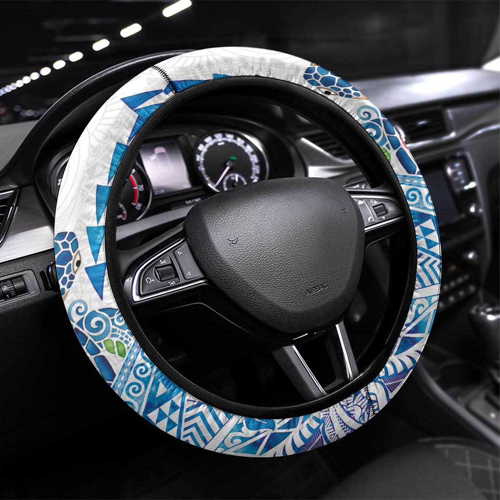 Hawaiian Abstract Sea Turtle Steering Wheel Cover Polynesian Tapa Art and Kakau Tattoo White WaterColor LT03 Universal Fit White - Polynesian Pride