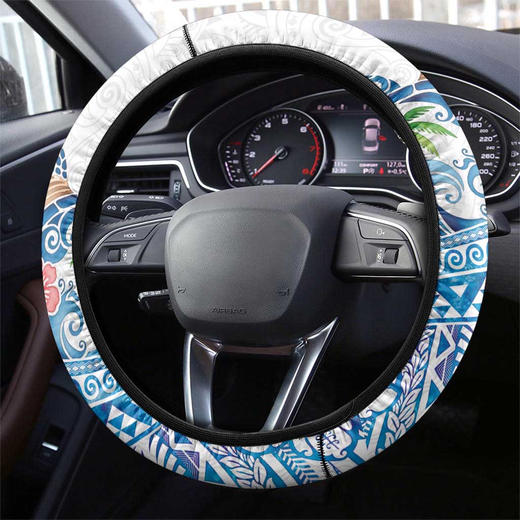 Hawaiian Abstract Sea Turtle Steering Wheel Cover Polynesian Tapa Art and Kakau Tattoo White WaterColor LT03 - Polynesian Pride