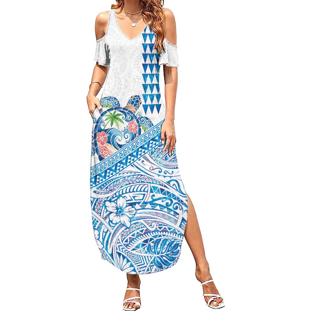 Hawaiian Abstract Sea Turtle Summer Maxi Dress Polynesian Tapa Art and Kakau Tattoo White WaterColor LT03 Women White - Polynesian Pride
