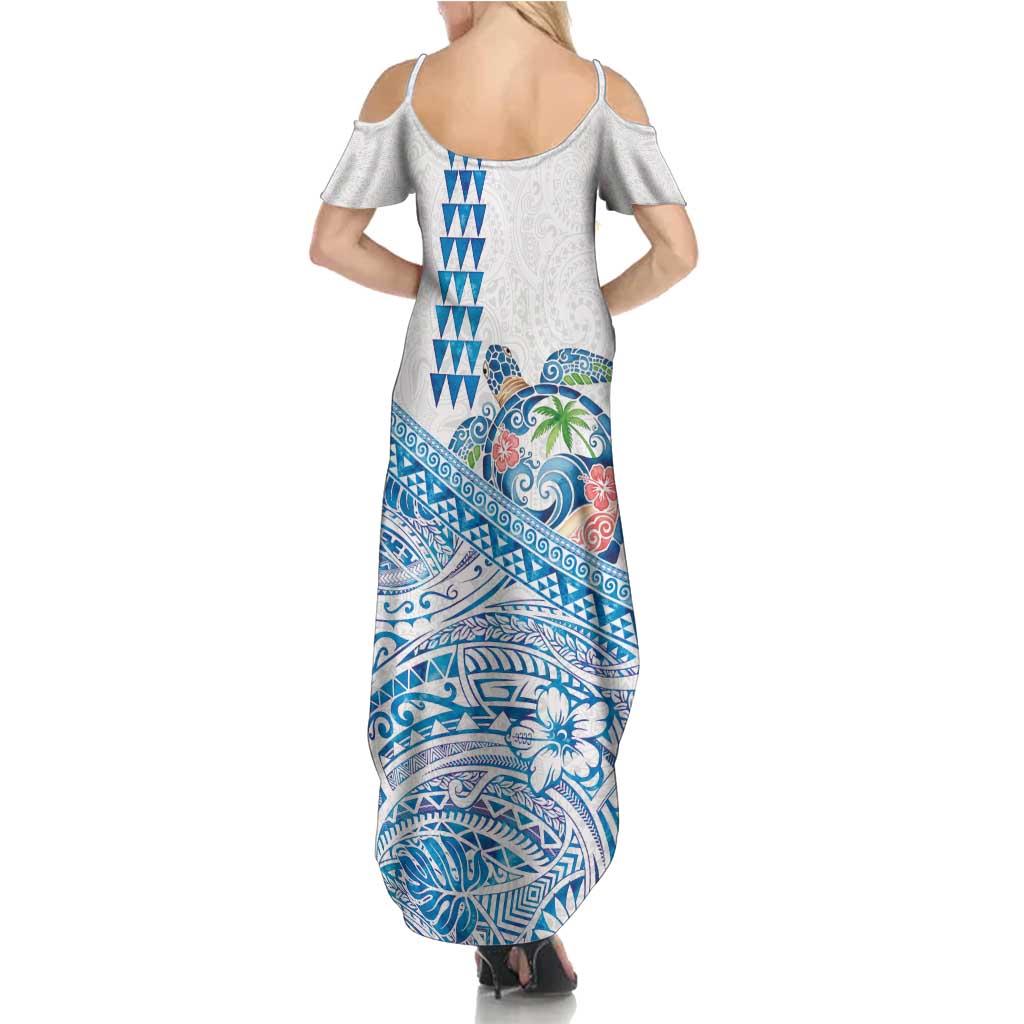 Hawaiian Abstract Sea Turtle Summer Maxi Dress Polynesian Tapa Art and Kakau Tattoo White WaterColor LT03 - Polynesian Pride