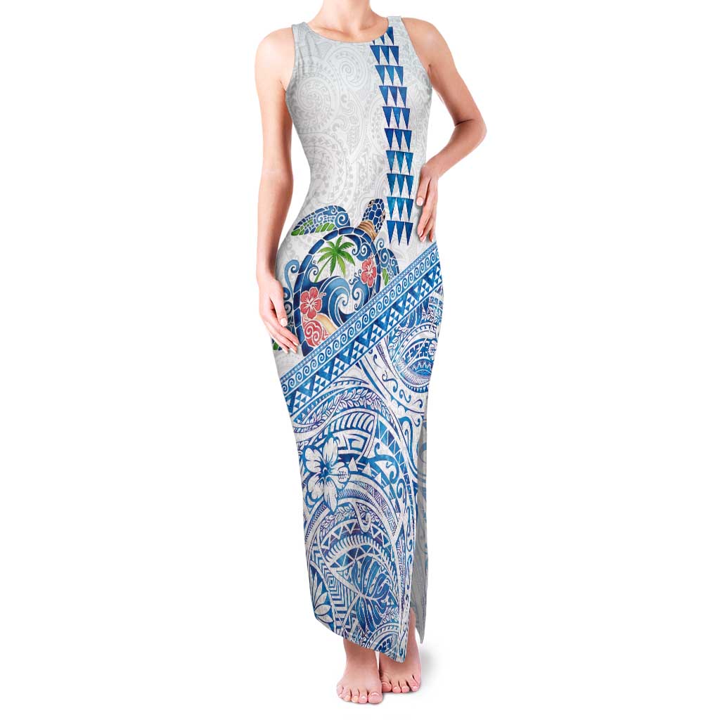 Hawaiian Abstract Sea Turtle Tank Maxi Dress Polynesian Tapa Art and Kakau Tattoo White WaterColor LT03 Women White - Polynesian Pride