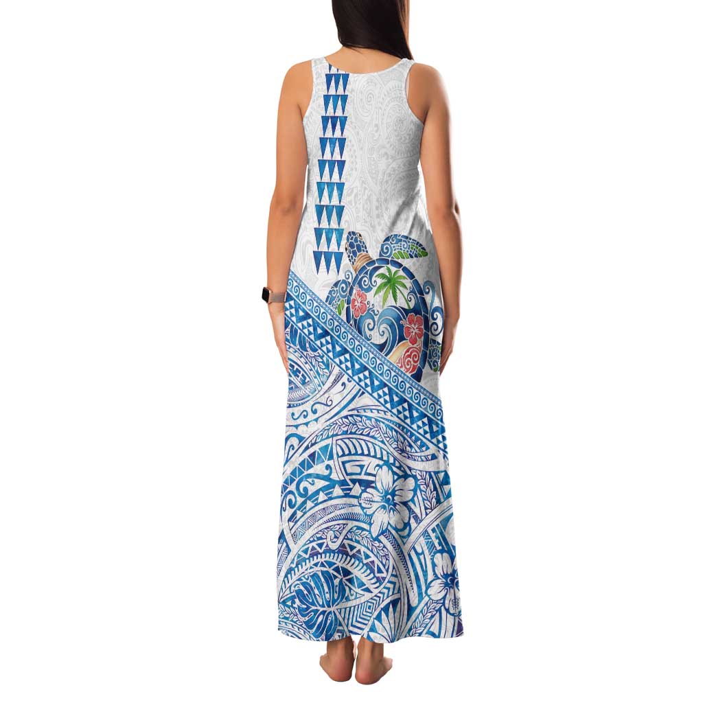 Hawaiian Abstract Sea Turtle Tank Maxi Dress Polynesian Tapa Art and Kakau Tattoo White WaterColor LT03 - Polynesian Pride