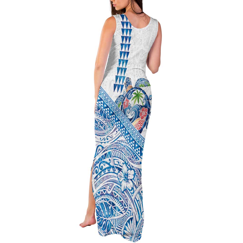Hawaiian Abstract Sea Turtle Tank Maxi Dress Polynesian Tapa Art and Kakau Tattoo White WaterColor LT03 - Polynesian Pride