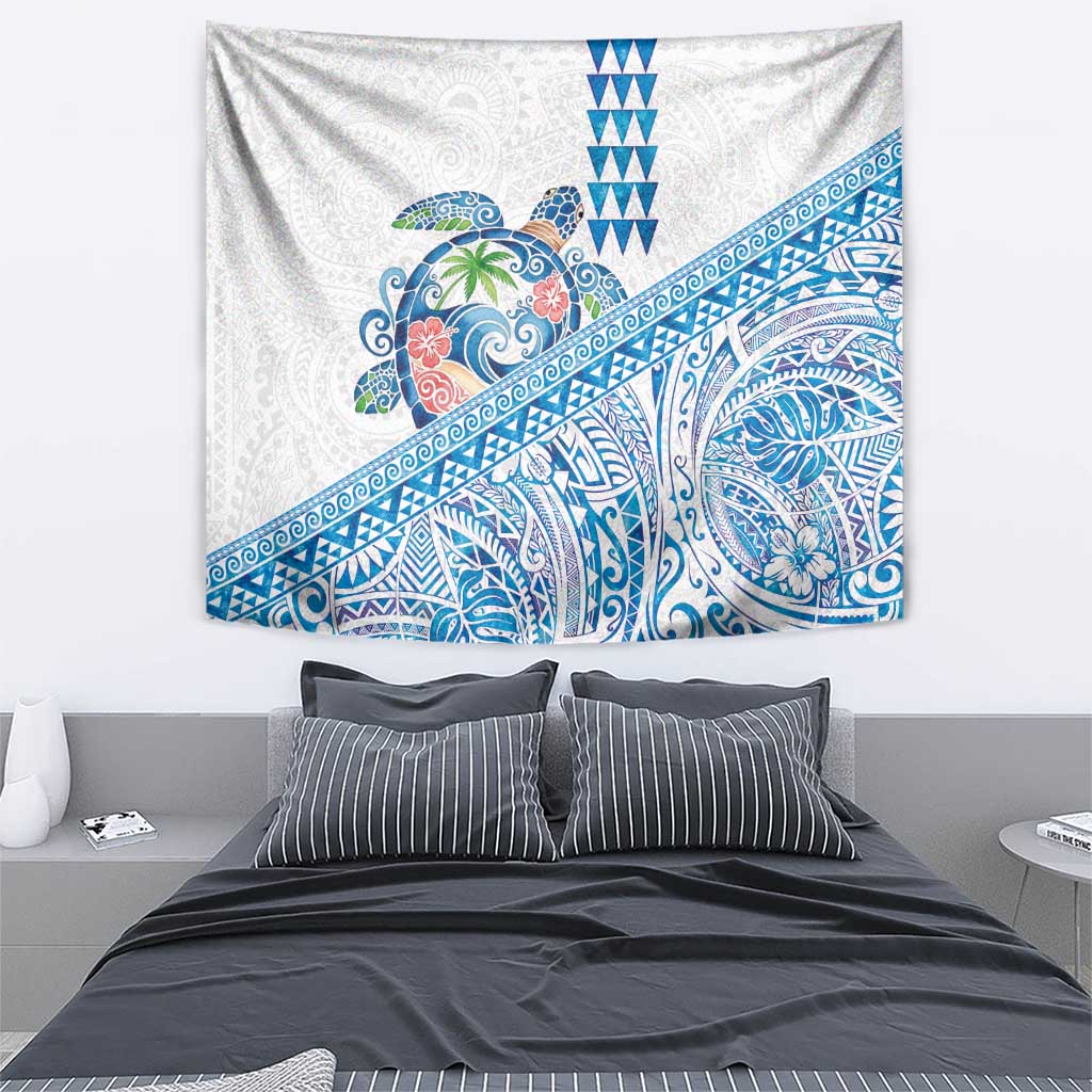 Hawaiian Abstract Sea Turtle Tapestry Polynesian Tapa Art and Kakau Tattoo White WaterColor LT03 - Polynesian Pride
