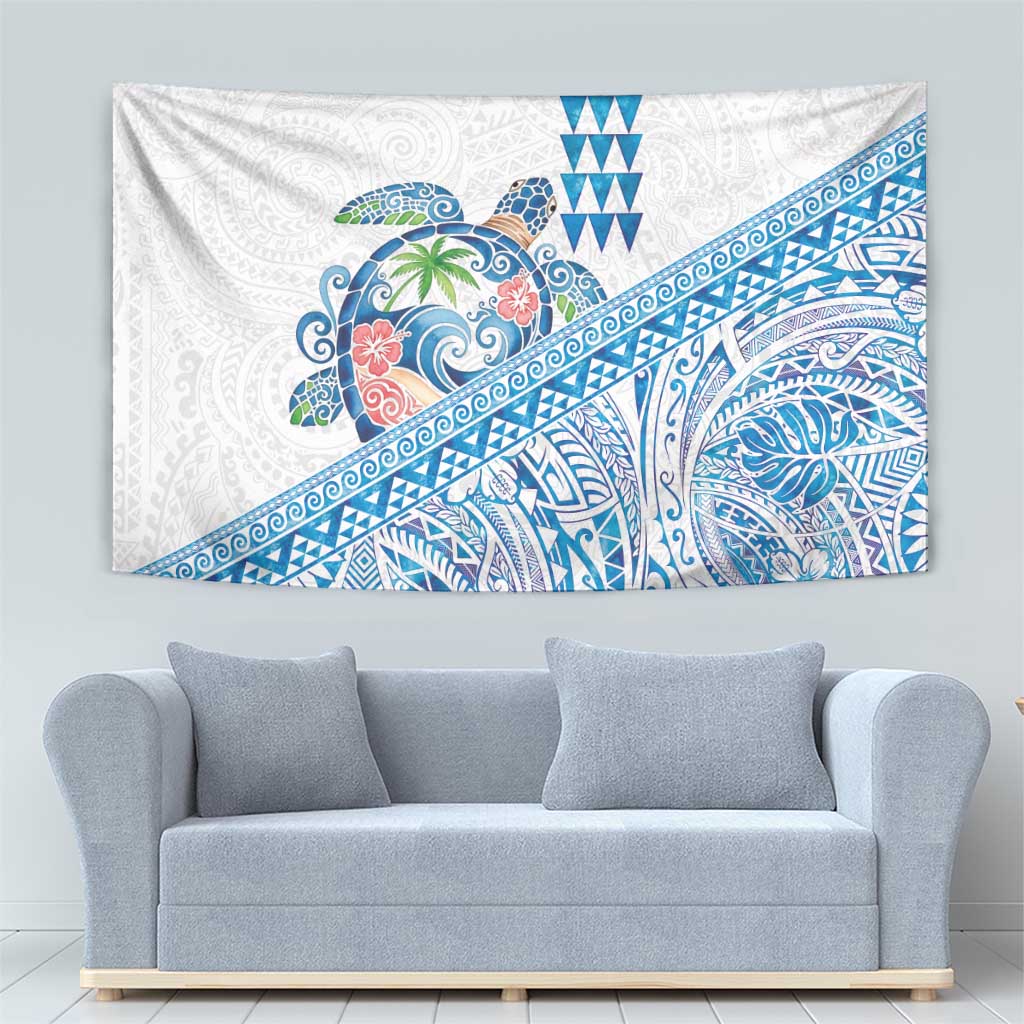 Hawaiian Abstract Sea Turtle Tapestry Polynesian Tapa Art and Kakau Tattoo White WaterColor LT03 - Polynesian Pride