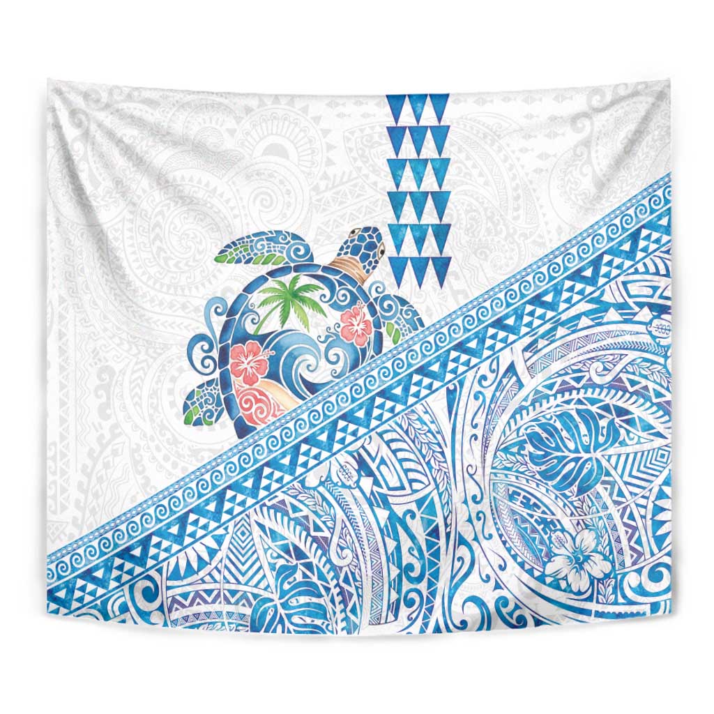 Hawaiian Abstract Sea Turtle Tapestry Polynesian Tapa Art and Kakau Tattoo White WaterColor LT03 - Polynesian Pride