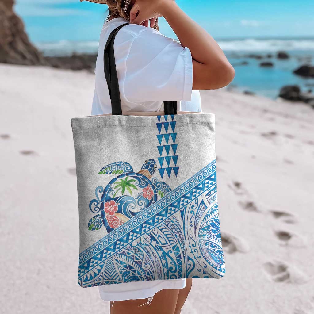 Hawaiian Abstract Sea Turtle Tote Bag Polynesian Tapa Art and Kakau Tattoo White WaterColor LT03 - Polynesian Pride