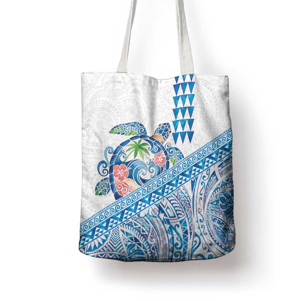 Hawaiian Abstract Sea Turtle Tote Bag Polynesian Tapa Art and Kakau Tattoo White WaterColor LT03 - Polynesian Pride