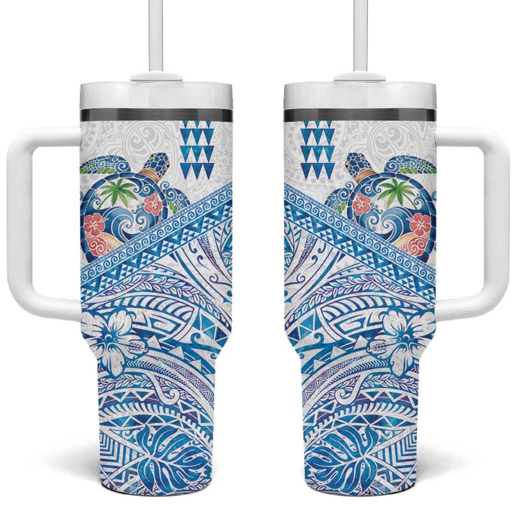Hawaiian Abstract Sea Turtle Tumbler With Handle Polynesian Tapa Art and Kakau Tattoo White WaterColor LT03 One Size: 40 oz White - Polynesian Pride