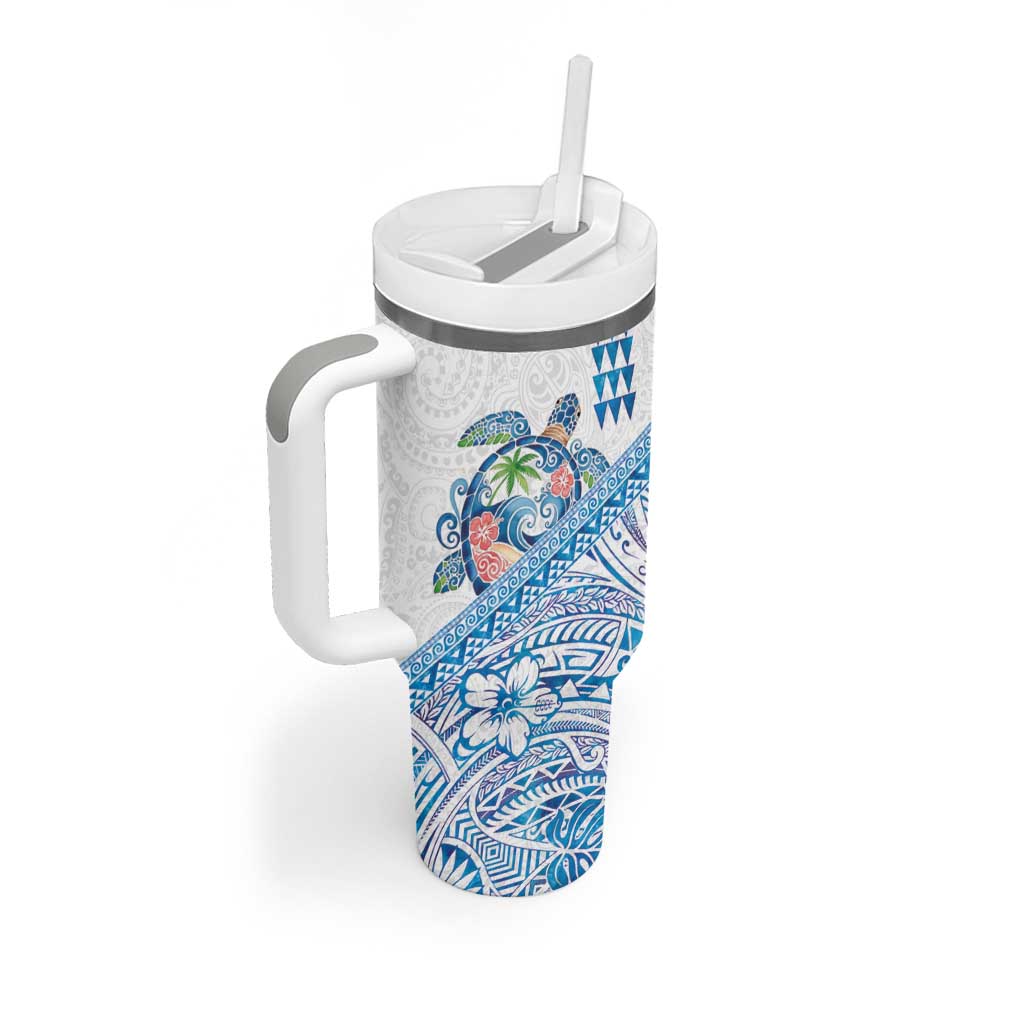 Hawaiian Abstract Sea Turtle Tumbler With Handle Polynesian Tapa Art and Kakau Tattoo White WaterColor LT03 - Polynesian Pride