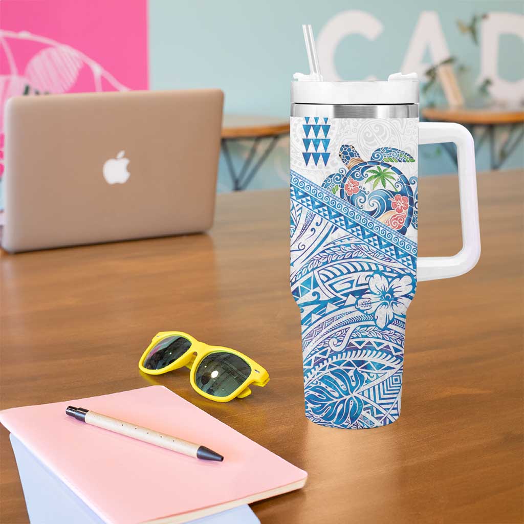 Hawaiian Abstract Sea Turtle Tumbler With Handle Polynesian Tapa Art and Kakau Tattoo White WaterColor LT03 - Polynesian Pride