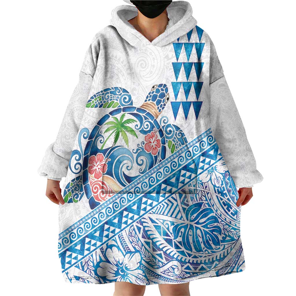Hawaiian Abstract Sea Turtle Wearable Blanket Hoodie Polynesian Tapa Art and Kakau Tattoo White WaterColor LT03 - Polynesian Pride