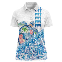 Hawaiian Abstract Sea Turtle Women Polo Shirt Polynesian Tapa Art and Kakau Tattoo White WaterColor - Polynesian Pride