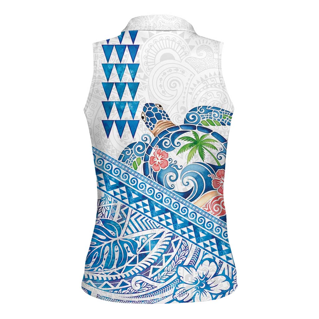 Hawaiian Abstract Sea Turtle Women Sleeveless Polo Shirt Polynesian Tapa Art and Kakau Tattoo White WaterColor LT03 - Polynesian Pride