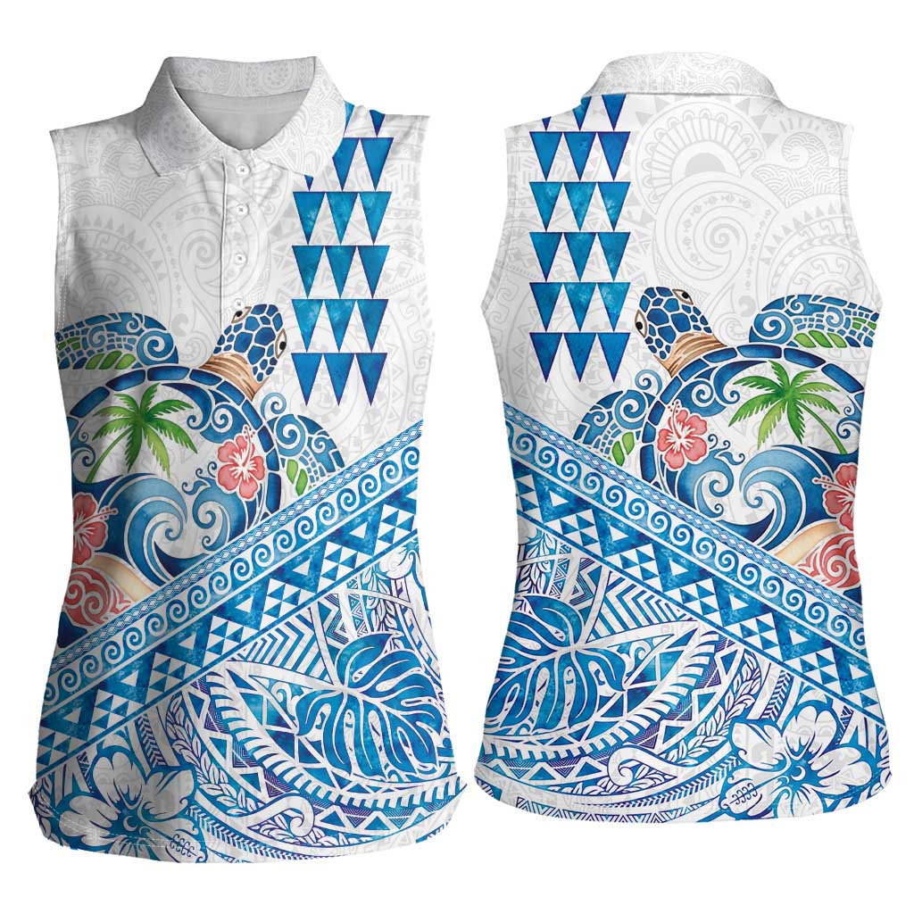 Hawaiian Abstract Sea Turtle Women Sleeveless Polo Shirt Polynesian Tapa Art and Kakau Tattoo White WaterColor LT03 - Polynesian Pride