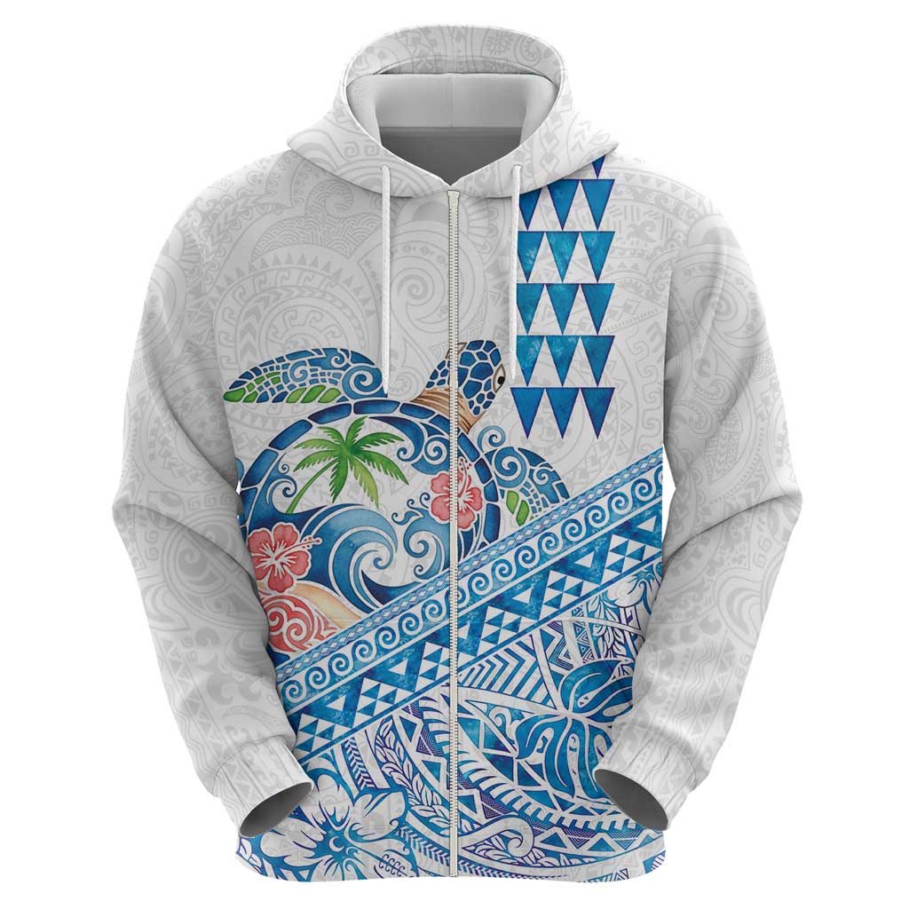 Hawaiian Abstract Sea Turtle Zip Hoodie Polynesian Tapa Art and Kakau Tattoo White WaterColor LT03 - Polynesian Pride