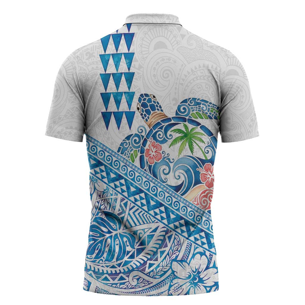 Hawaiian Abstract Sea Turtle Zipper Polo Shirt Polynesian Tapa Art and Kakau Tattoo White WaterColor LT03 - Polynesian Pride