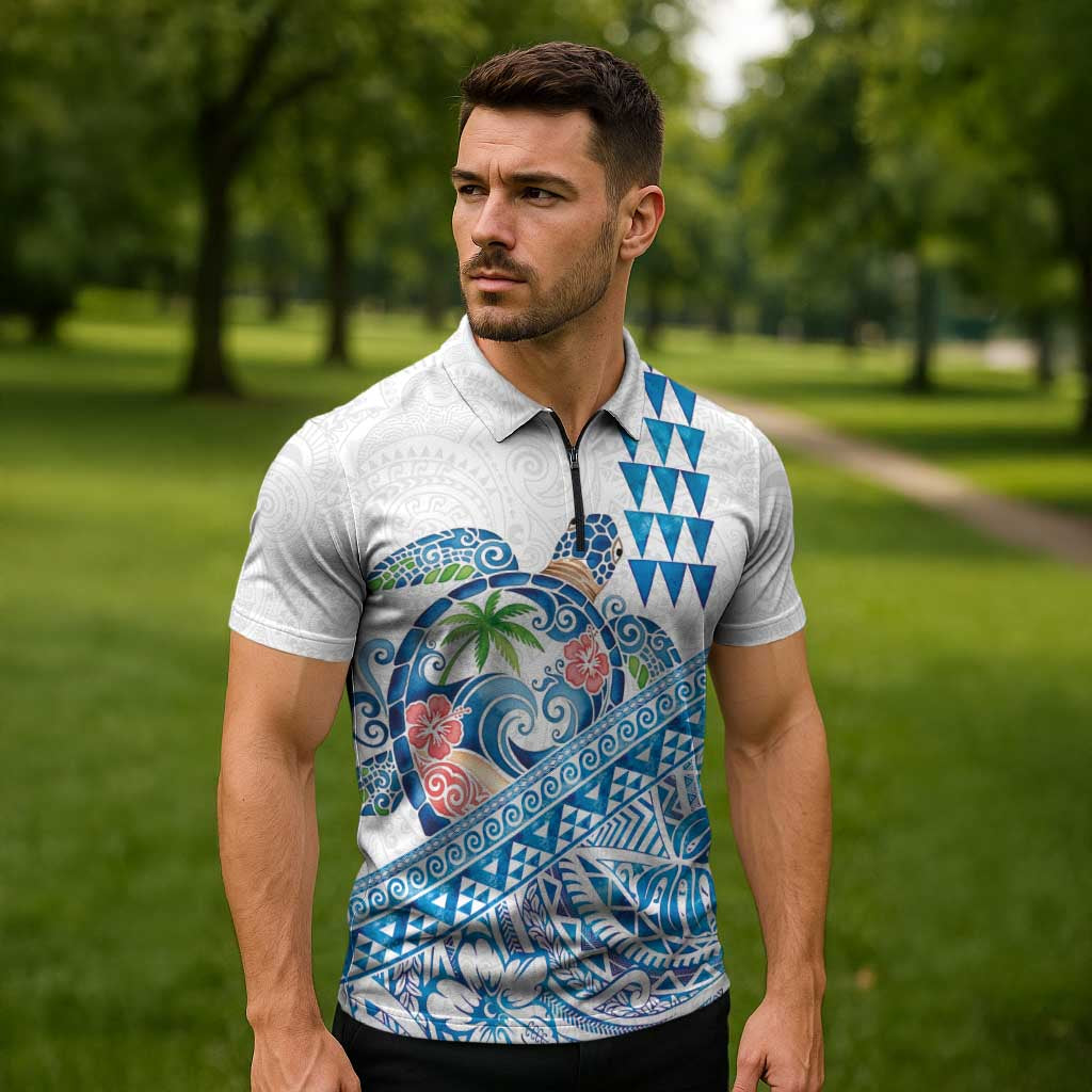 Hawaiian Abstract Sea Turtle Zipper Polo Shirt Polynesian Tapa Art and Kakau Tattoo White WaterColor LT03 - Polynesian Pride