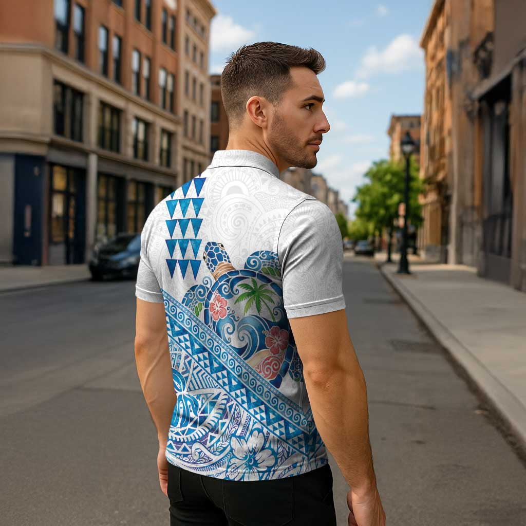 Hawaiian Abstract Sea Turtle Zipper Polo Shirt Polynesian Tapa Art and Kakau Tattoo White WaterColor LT03 - Polynesian Pride