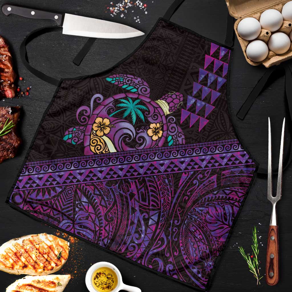 Hawaiian Abstract Sea Turtle Apron Polynesian Tapa Art and Kakau Tattoo Purple WaterColor LT03 Black - Polynesian Pride