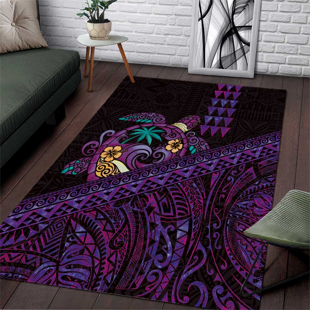 Hawaiian Abstract Sea Turtle Area Rug Polynesian Tapa Art and Kakau Tattoo Purple WaterColor LT03 Black - Polynesian Pride