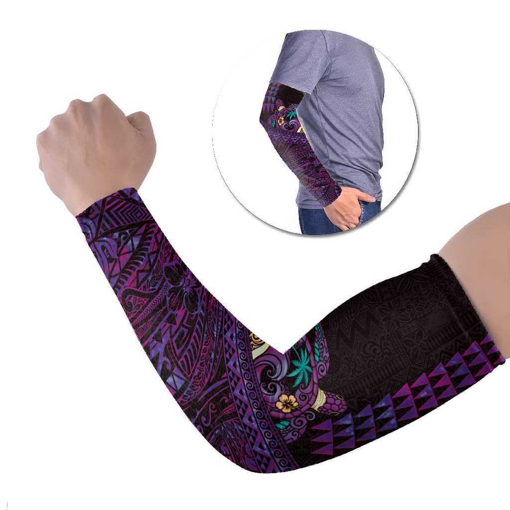 Hawaiian Abstract Sea Turtle Arm Sleeves Polynesian Tapa Art and Kakau Tattoo Purple WaterColor LT03 Set of 2 Black - Polynesian Pride