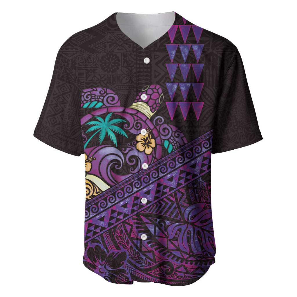 Hawaiian Abstract Sea Turtle Baseball Jersey Polynesian Tapa Art and Kakau Tattoo Purple WaterColor LT03 Black - Polynesian Pride