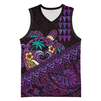 Hawaiian Abstract Sea Turtle Basketball Jersey Polynesian Tapa Art and Kakau Tattoo Purple WaterColor LT03 Unisex Black - Polynesian Pride