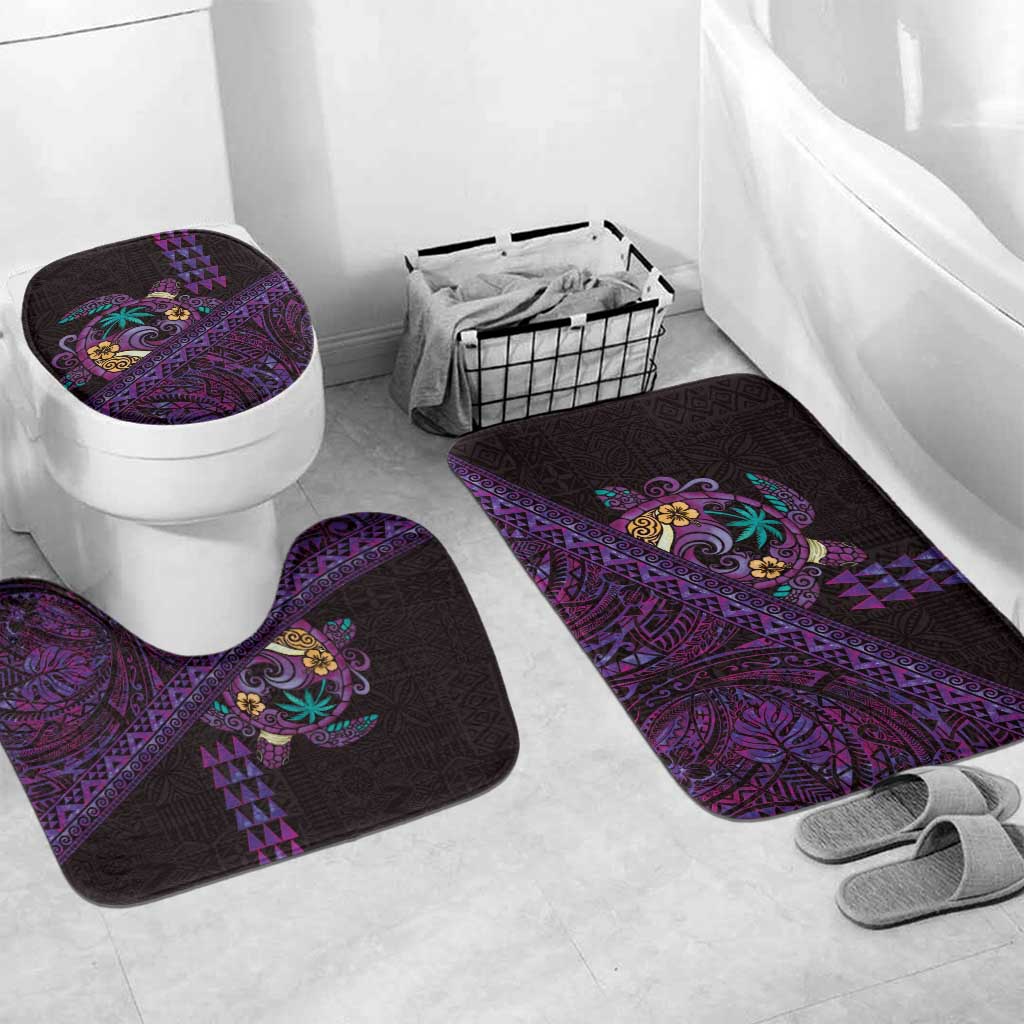 Hawaiian Abstract Sea Turtle Bathroom Set Polynesian Tapa Art and Kakau Tattoo Purple WaterColor LT03 Mat Set Only (3 pcs) One Size Black - Polynesian Pride